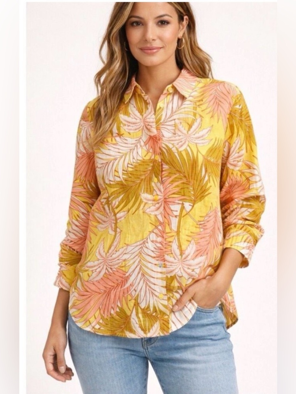 NWT Tahari 100% Linen Tropical Palm Print Button Up Shirt Size Medium